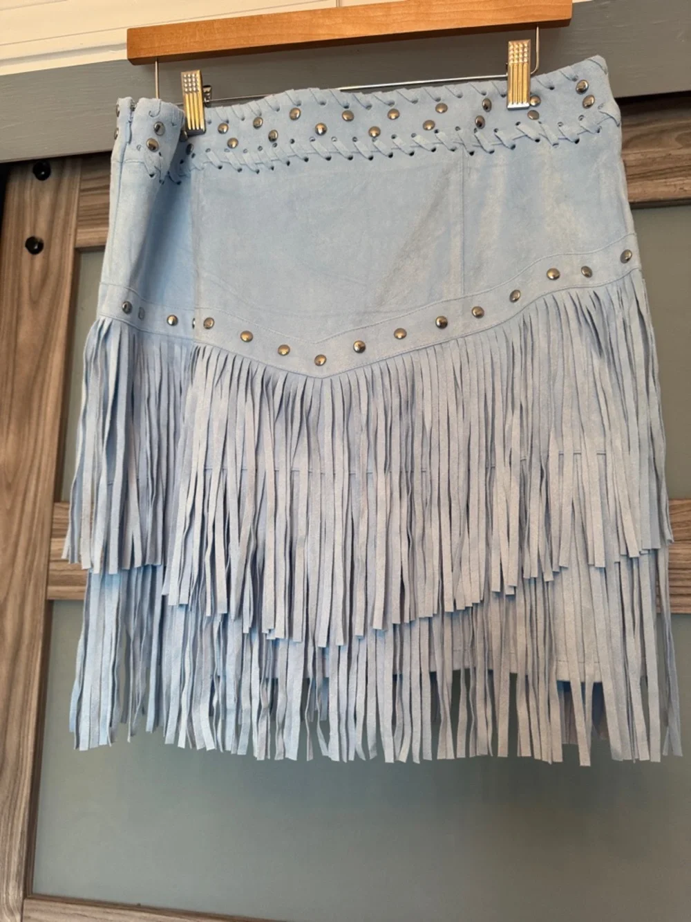 Idyllwind Light Blue Suede Fringe Mini Skirt with Studs - Picture 3 of 7